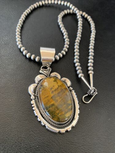 Men's Navajo Pearl Necklace with Sterling Silver Coffee Tiger's Eye Pendant | Authentic Native American Handmade | 11688 - Masha USA