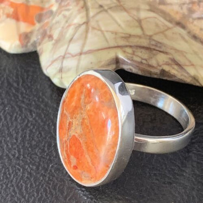 Native American Women's Apple Coral Sponge Ring | Sterling Silver | Sz 8 | 14045