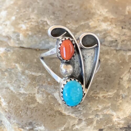 Navajo Coral Blue Turquoise Multi-Stone Ring | Authentic Native American Sterling Silver | Sz 6.5 | 10826