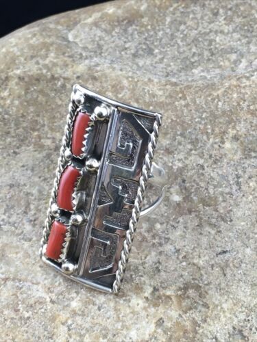 Navajo Red Coral Ring | Sterling Silver | Sz 9 | Authentic Native American Multi-Stone | 10092