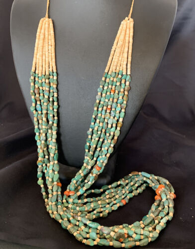 Native American Santo Domingo 7-Strand Necklace | Shell & Green Turquoise | 38" | 12051