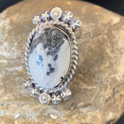 Navajo White Buffalo Turquoise Ring | Sterling Silver | Sz 8 | Authentic Native American Handmade | 13347