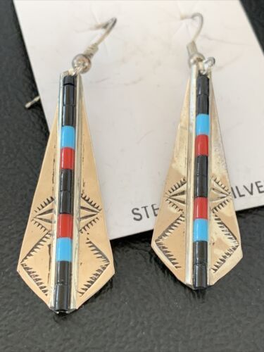 Navajo Multi-Color Turquoise Coral Lapis Inlay Earrings | Sterling Silver | 1.5" | 1710