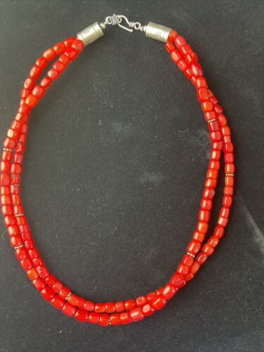 Native American Red Stabilized Coral Heishi Necklace | Sterling Silver | 18" | 1765