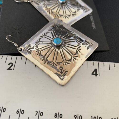 Navajo Blue Turquoise Earrings | Stamped Sterling Silver | Authentic Native American Handmade | 13369
