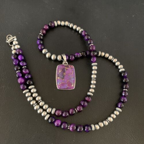 Navajo Pearl Purple Mojave Turquoise Onyx Pendant Necklace | Sterling Silver | Native American Handmade | 13401