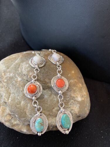 Navajo Spiny, Turquoise & Howlite Dangle Earrings | Sterling Silver | Authentic Native American Handmade | 1570