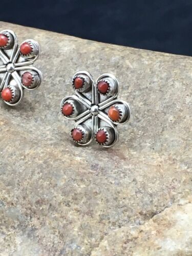 Native American Zuni Cluster Necklace and Coral Earrings Set | Sterling Silver | 0.6" | 1074