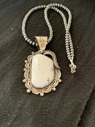 Men's White Buffalo Turquoise Pendant Necklace | Navajo Sterling Silver | 4124