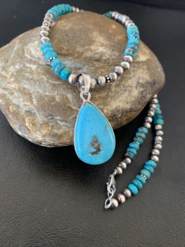Navajo Pearl Necklace with Blue Kingman Turquoise Pendant | Sterling Silver | 11739
