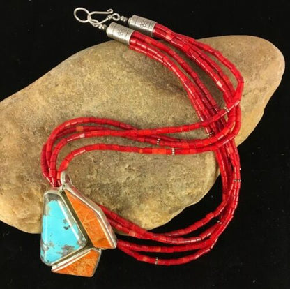 Navajo Spiny Oyster & Turquoise Pendant | Sterling Silver Coral Bead Necklace | Multi-Strand | 8477
