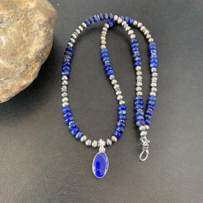 Native American Navajo Blue Lapis Pendant Necklace | Sterling Silver | Authentic Handmade | 11667 - Masha USA