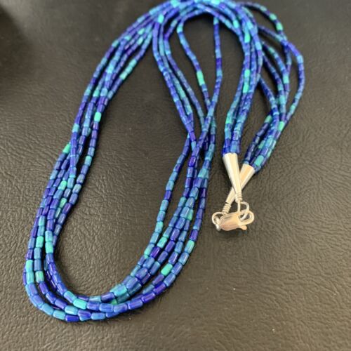 Blue Green Azurite Heishi Necklace | 5 Strand Stabilized Sterling Silver Pendant | 12930