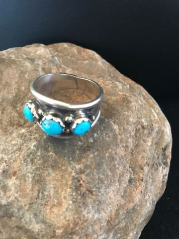 Navajo Kingman Turquoise Ring 3 Stone Sterling Silver Size 11.5 8201