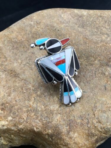 Zuni Coral, Turquoise & Onyx Inlay Bird Ring | Sterling Silver | Sz 3.5 | Authentic Native American Handmade | 2630 - Masha USA