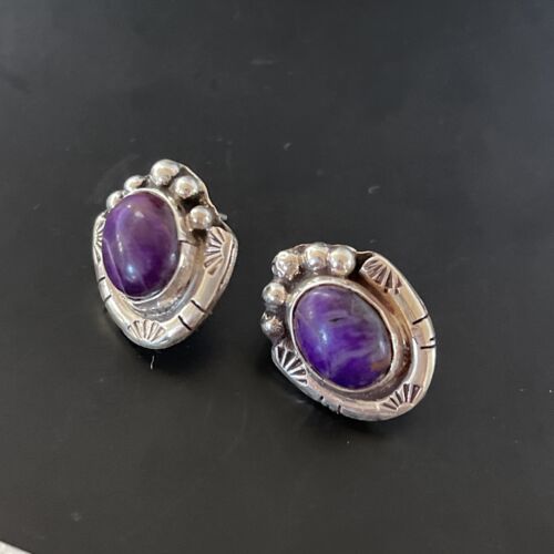 Navajo Sugilite Earrings | Sterling Silver Post Stud | Authentic Native American Handmade | 0.5" | 2069