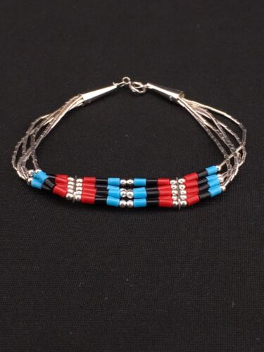 Multi-Color Turquoise Coral Liquid Heishi Bracelet | Sterling Silver | 7" | Authentic Native American Handmade | 13595