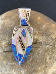 Authentic Native American Navajo Sterling Silver Pendant | Pink & Blue Opal Inlay | Handmade Jewelry | 12479