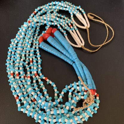 Native American Santo Domingo Blue Turquoise Coral Necklace | 5 Strand Nugget Bead | 34" | 13181