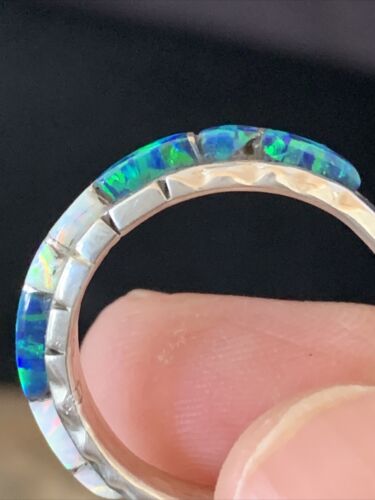 Navajo White Blue Opal Inlay Ring | Sterling Silver | Sz 8.5 | Authentic Native American Handmade | Yazzie | 10620