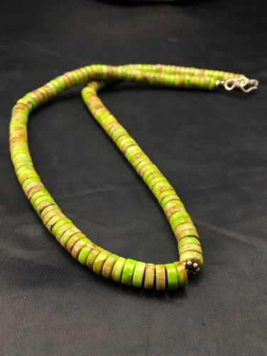 Navajo Green Gaspeite Stabilized Necklace | Sterling Silver | 20" | Authentic Native American Handmade | 4337 - Masha USA