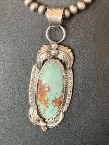 Men's Navajo Blue Dry Creek Turquoise Pendant | Sterling Silver Pearl Necklace | Native American Handmade | 12971