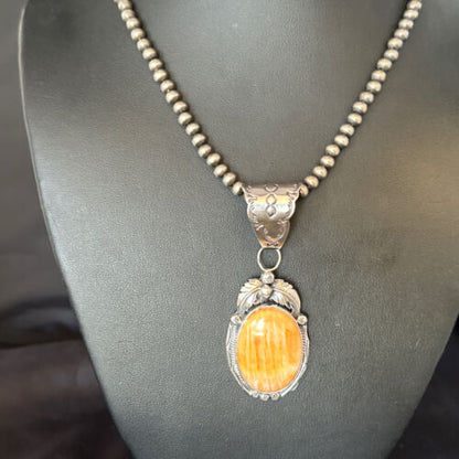 Navajo Pearls Orange Spiny Oyster Necklace Pendant | Sterling Silver | Authentic Native American Handmade | 14719