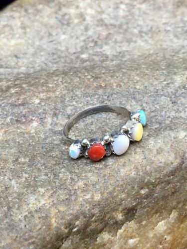 Southwestern Zuni Multi-Stone Ring | Blue Opal Coral Turquoise | Authentic Native American Sterling Silver | Multi-Stone | Sz 5.5 | 9000