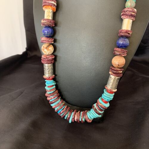 Navajo Sterling Silver Necklace | Turquoise, Spiny Oyster, Coral, Lapis | 24" | Authentic Native American | 10825