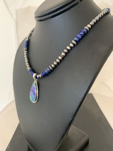 Southwestern Navajo Purple Opal Lapis Pendant Necklace | Sterling Silver | Authentic Native American Handmade | 00592