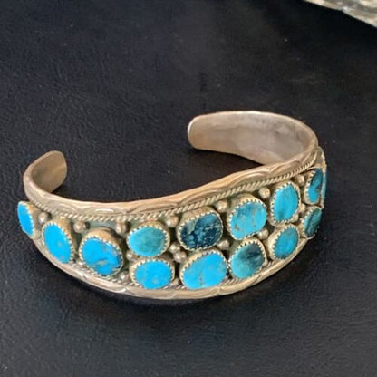 Navajo Blue Kingman Turquoise Cuff Bracelet | 2 Row | 16 Stone | Sterling Silver | Authentic Native American Handmade | 12691