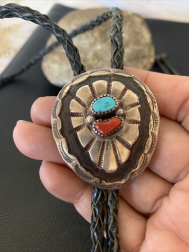 Navajo Turquoise Coral Bolo Tie | Sterling Silver | Authentic Native American Handmade | 1999 Bolo