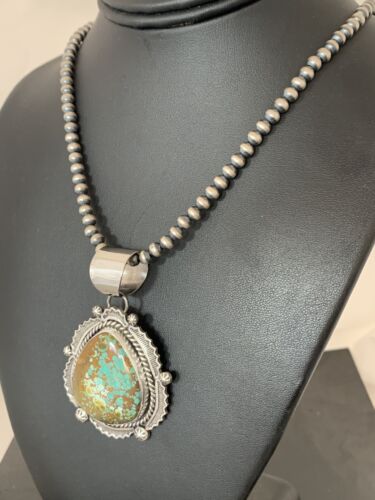 Native American Men's Sterling Silver Turquoise #8 Pendant | Navajo Pearls Necklace | 208