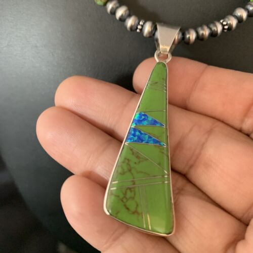 Navajo Green Turquoise Gaspeite Inlay Necklace | Sterling Silver | Authentic Native American Handmade | 13808