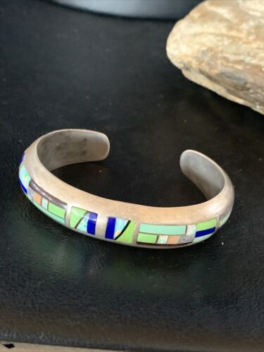 Old Pawn Navajo Turquoise Gaspeite Lapis Inlay Bracelet | Sterling Silver | Authentic Native American Handmade | 14160