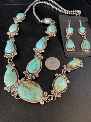 Navajo Sterling Silver Lariat Necklace 30" | Blue #8 Turquoise Earrings | Native American Handmade | 13770