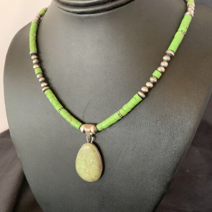 Navajo Green Gaspeite Turquoise Pendant | Sterling Silver | Authentic Native American Handmade | 12286