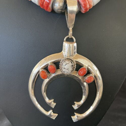 Turquoise Spiny Sterling Squash Blossom Necklace | Navajo Naja Pendant | Navajo Pearls | 21" | 00959