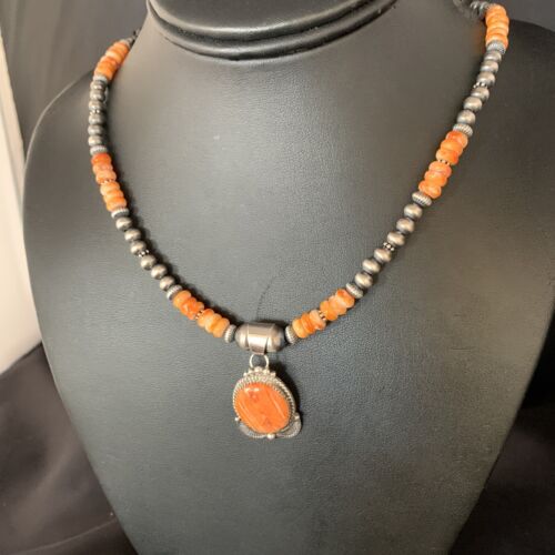 Navajo Orange Spiny Oyster Pendant Necklace | Sterling Silver | Authentic Native American Handmade | N 13650