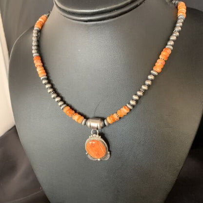 Navajo Orange Spiny Oyster Pendant Necklace | Sterling Silver | Authentic Native American Handmade | N 13650