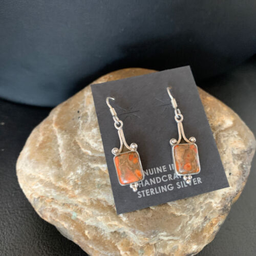 Navajo Orange Spiny Oyster Inlay Earrings | Sterling Silver | Authentic Native American Handmade | 12829