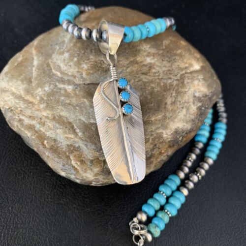 Womens Blue Turquoise Feather Pendant Navajo Sterling Silver Necklace 13823
