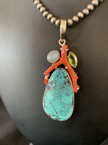Navajo Pearl Spiderweb Turquoise Coral Pendant Necklace | Authentic Native American Sterling Silver | Multi-Stone | 11812