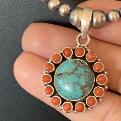 Southwestern Navajo Multi-Stone Necklace | Turquoise Coral Pendant | Sterling Silver | 21" | 12581