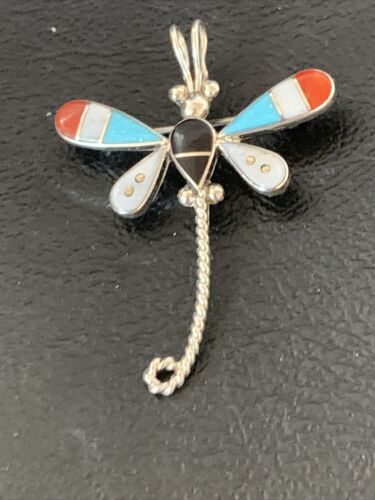 Zuni Turquoise White Mother of Pearl Inlay Dragonfly Necklace Pin Pendant | Sterling Silver | 12326