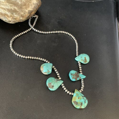 Navajo Teardrop Blue Turquoise Necklace with Pearls | Sterling Silver | 20" | Authentic Native American Handmade | 13966