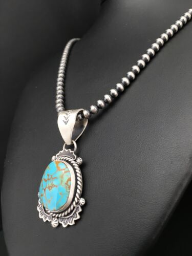 Navajo Sterling Silver Necklace | Spiderweb Turquoise Pendant | 2.25" | Authentic Native American Handmade | 13918