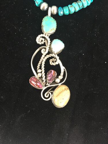 Navajo Blue Turquoise & Spiny Oyster Multi-Stone Pendant Necklace | Authentic Native American Sterling Silver | 8487 - Masha USA