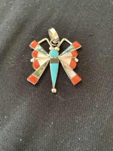 Zuni Turquoise Coral Mother of Pearl Butterfly Necklace Pin Pendant | Inlay | Sterling Silver Inlay | 1369