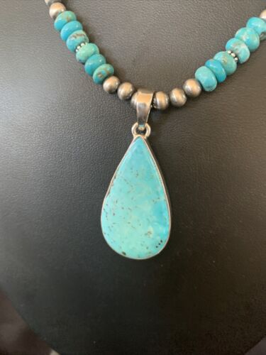 Navajo Pearl Necklace with Blue Kingman Turquoise Pendant | Sterling Silver | 11690